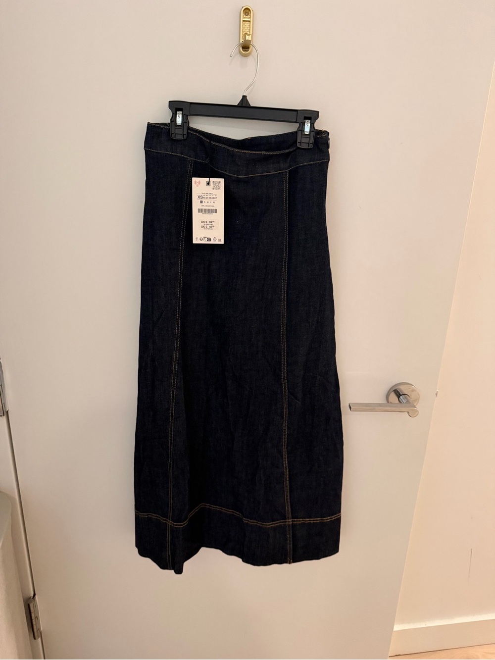 NWT Zara Dark Blue Denim Midi Skirt with Slit - Panel Stitch Detail